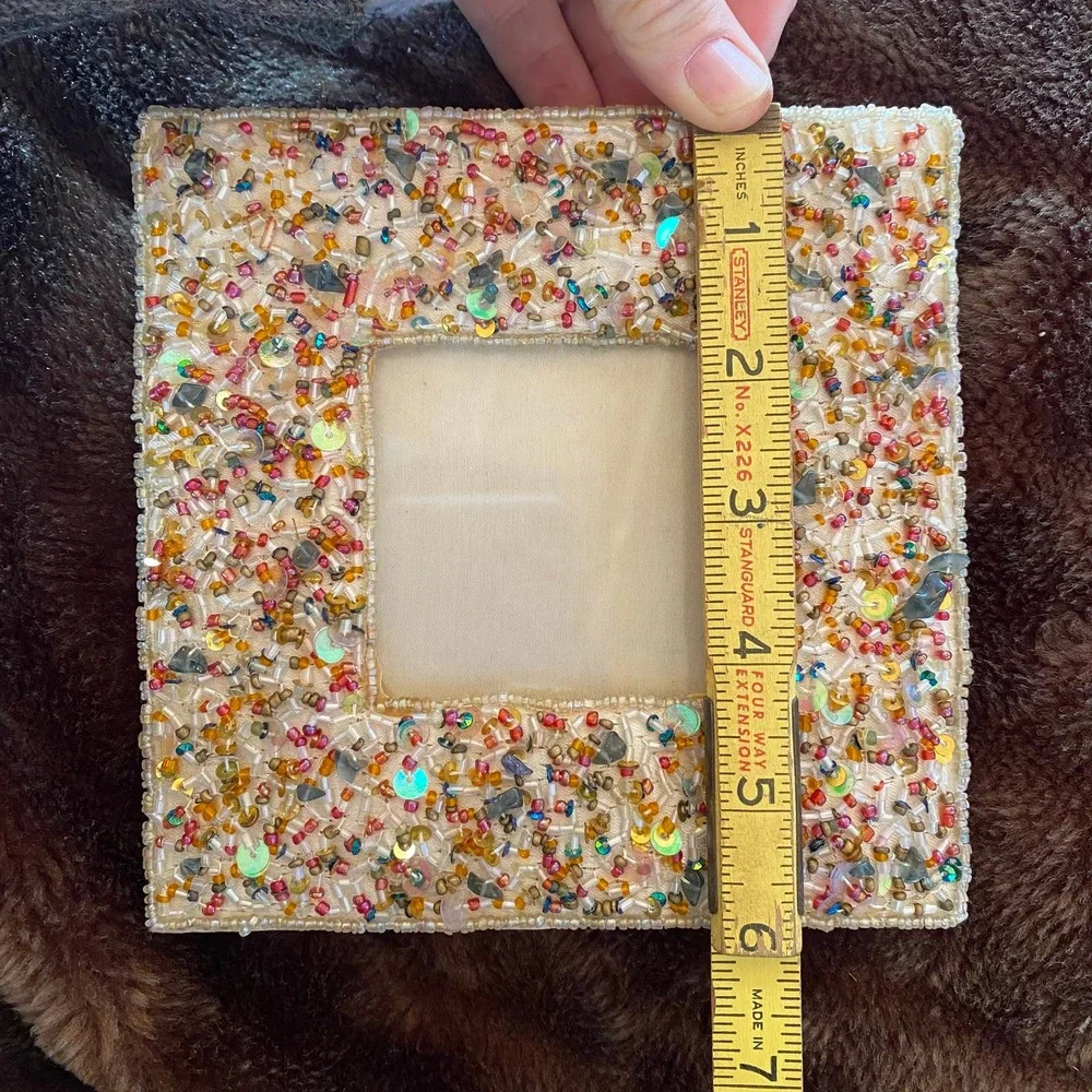 6” Square Beaded & Sequined Cream‎ Fabric Covered Photo Frame